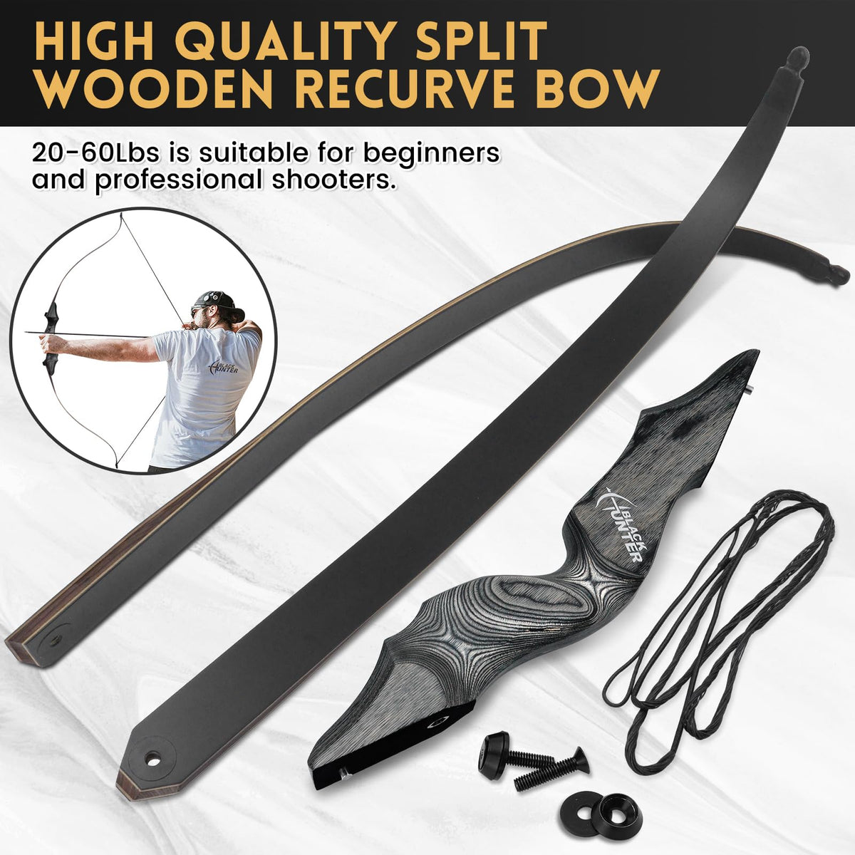 Obert Original Black Hunter Archery Takedown Recurve Bow 58inch with Bamboo Core Limbs Hunting Target Practice