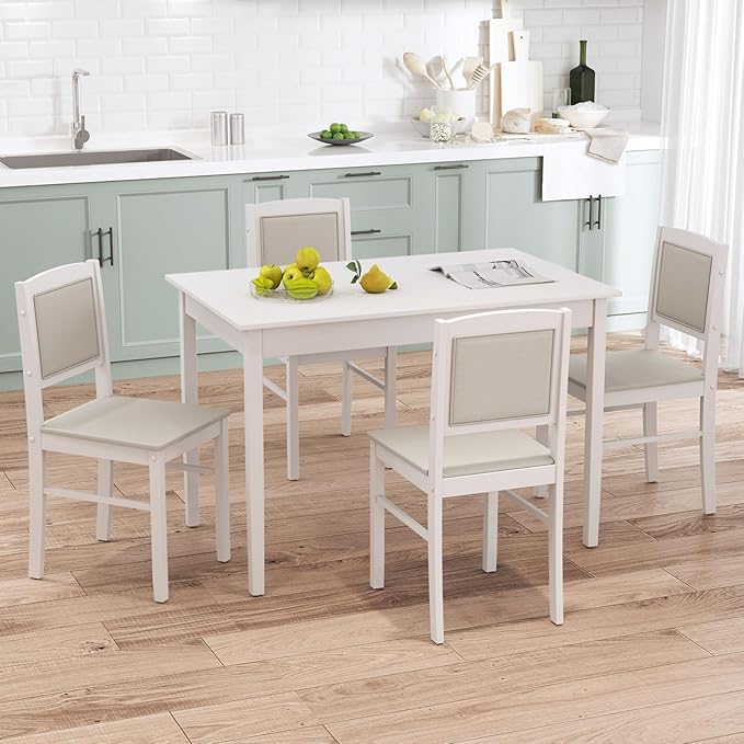 NAFORT 5-Piece Dining Table Set for 4, Mid-Century Modern Solid Wood Kitchen Room Table with 4 Upholstered Dining Chairs, Space-Saving Dinette Tables w/Rubber Wood Legs for Apartment, Office