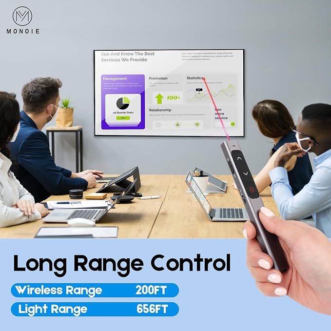M Monoie Wireless Presenter, Laser Pointer Clicker for Keynote, Laptops, Google Slides - Supports Hyperlinks and Volume Control (Gray Pen/Red/USB Interface)
