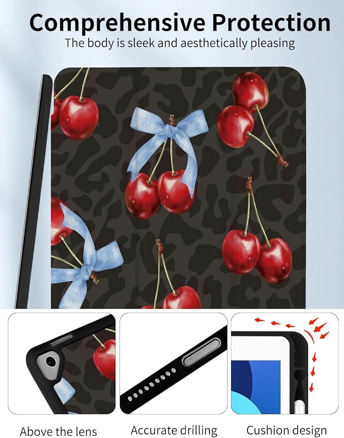 Case for iPad 9th/ 8th/ 7th Generation Case 10.2&amp10.5 Inch (2021/2020/2019 Release) Slim Lightweight Soft Trifold Back Cover with Pencil Holder &amp Auto Sleep/Wake Cover Cherries Cheetah Bows