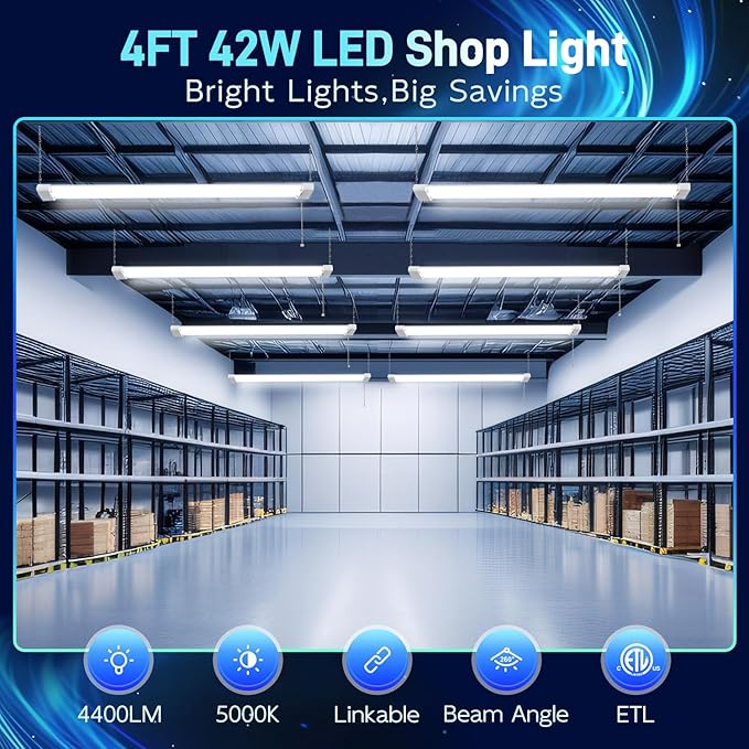 hykolity 4 Pack 4FT LED Shop Light, Linkable Utility Shop Lights, 42W, 5000K Daylight White Shop Light for Garages, Workshops,Hanging or FlushMount, Power Cord with Pull Chain Switch, ETL