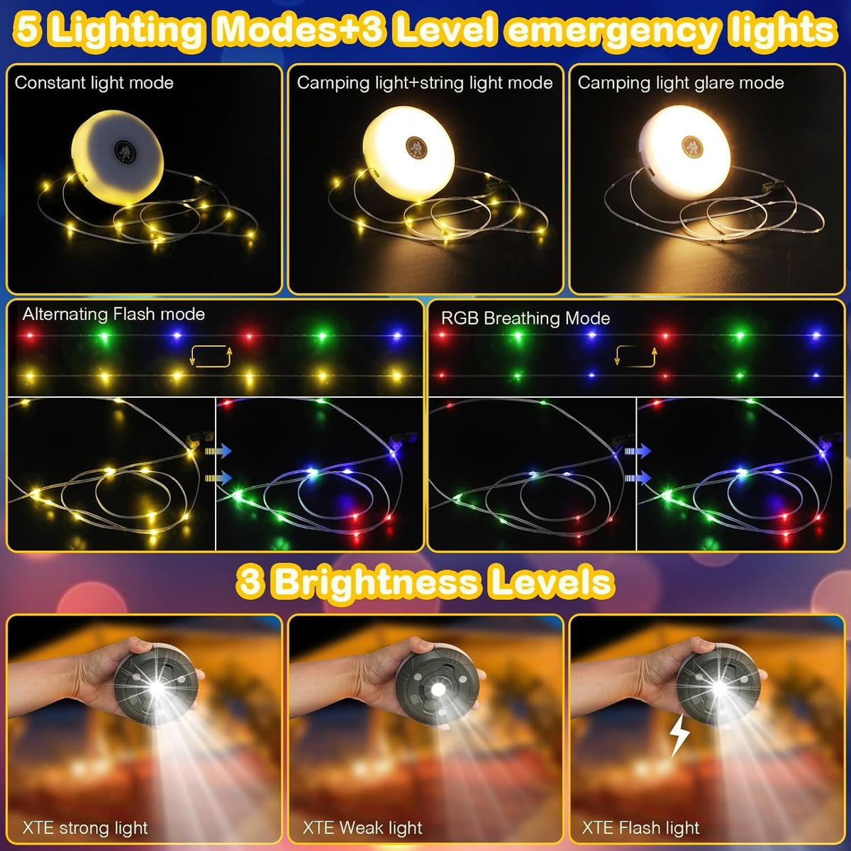 Camping String Lights, Outdoor String Lights with 8 Lighting Modes, Rechargeable String Light Camping 2 in 1, Waterproof Portable Stowable USB Camping Lights for Camping, Yard, Party Decor 32.8 ft