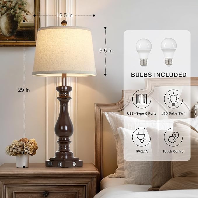 29" Tall Vintage Table Lamps Set of 2,Farmhouse Bedside Lamps with USB C+A Ports & AC Outlet,3-Way Dimmable Touch Lamp for Night Stands Living Room Bedroom,Dark Brown