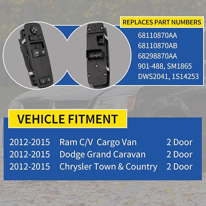 AMICAREP Master Power Window Switch Driver Side Compatible with 2012-2015 Dodge Grand Caravan Ram C/V Chrysler Town&Country 8+8 Pin 2 Door Replaces# 68110870AA 68110870AB