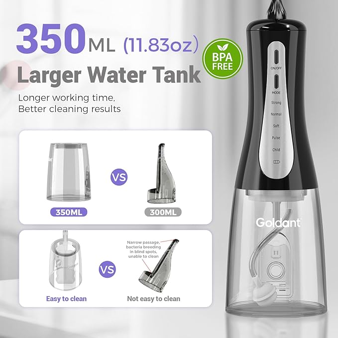 GOLDANT 350ML Water Flosser with Drainage & Storage Stand, Keeps Dry & Clean, 5 Modes, 360°Nozzle, Cordless Rechargeable, IPX7 Waterproof, Portable for Home & Travel (Black)