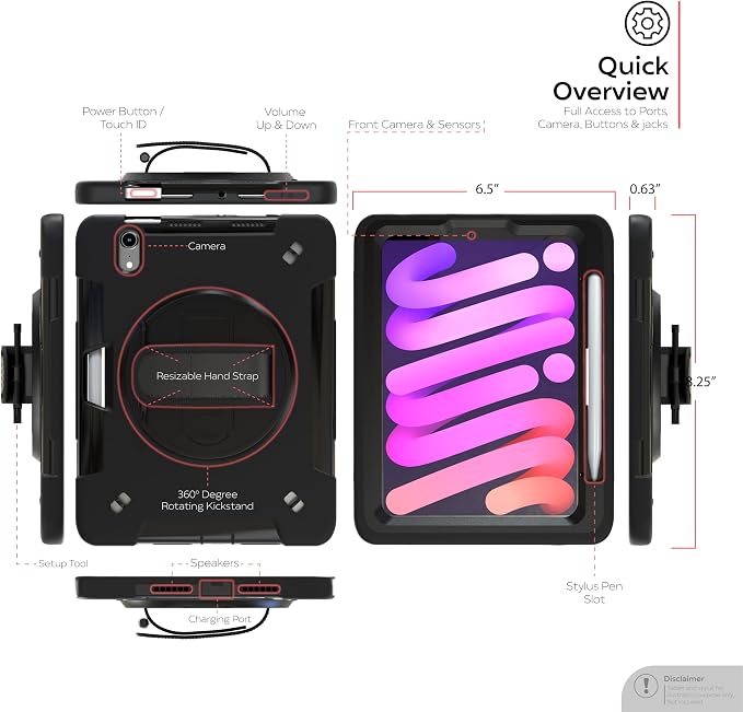 iPad mini 6 &amp 7 Standing Case | CTA Durable Tablet Case with Lightweight - Shock Absorption - Scratch Protecting - Rotatable Grip - Hand Strap for iPad mini 6 &amp iPad mini 7 - Black - (PAD-PCGK