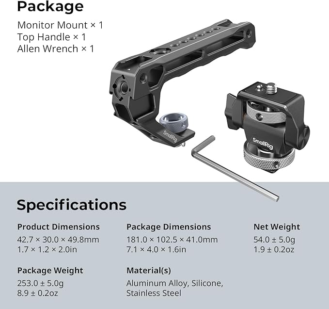 SMALLRIG Top Handle with Monitor Mount Kit, with 3/8"-16 Locating Holes for ARRI, 5 Built-in Cold Shoe, 360° Swivel and 180° Tilt Adjustable Monitor Holder with Thumbscrew, Anti-Twist Design - 5322