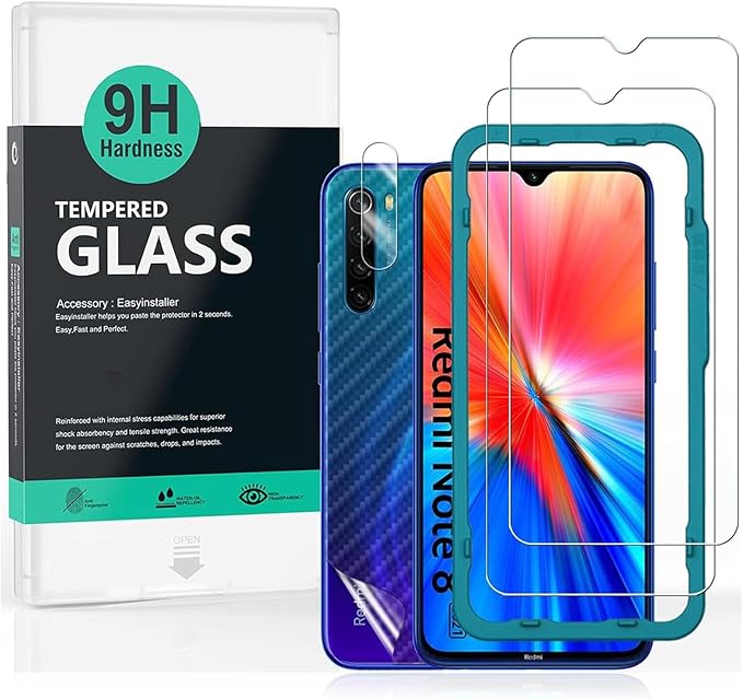 Ibywind Screen Protector For Redmi Note 8with 2Pcs Tempered Glass1Pc Camera Lens Protector1Pc Backing Carbon Fiber Film [Fingerprint ReaderEasy to install]