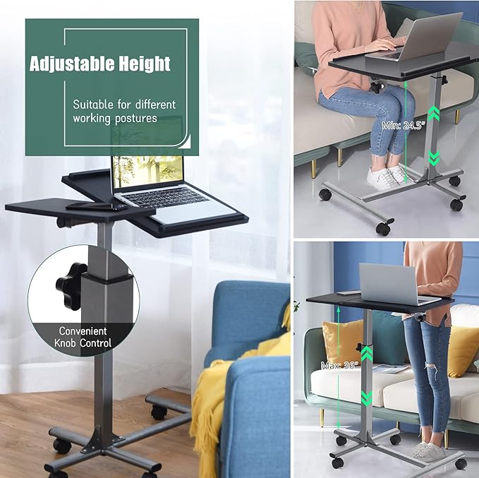 COSTWAY Rolling Laptop Stand, Mobile Laptop Tray and Cart with 45 ° Degree Swivel Tilting Tabletop, Height Adjustable Mobile Podium from 24.5'' to 36'', Overbed Computer Table for Sofa, Bed