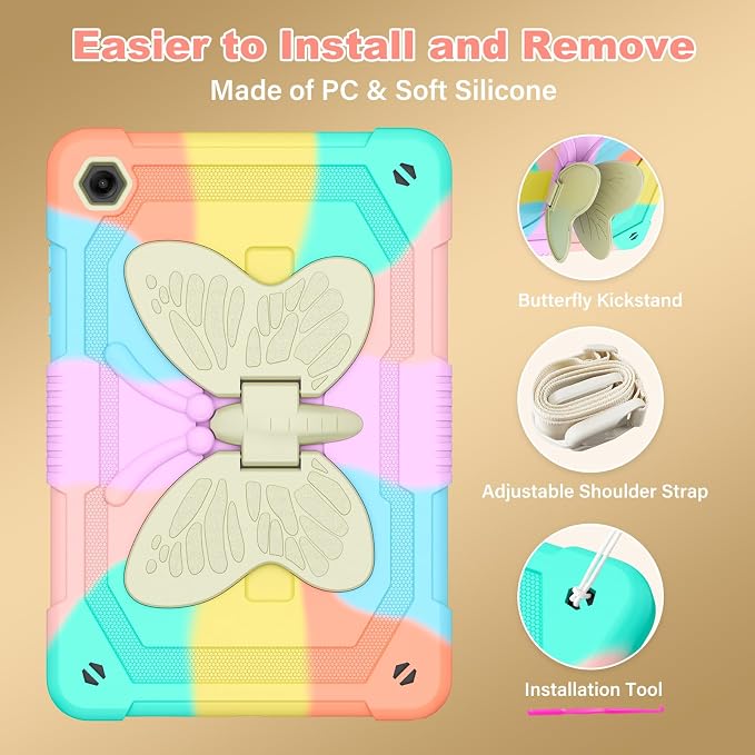 Cover for Samsung Galaxy Tab A11+ Plus/A9+ Plus Case with Screen Protector Galaxy Tab A11+/A9+ 11 inch 2025/2023 Released with Butterfly Stand Shoulder Strap Shockproof case for Kids Girl Colorful
