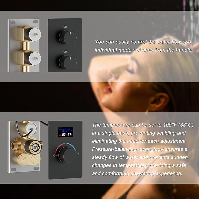 KATAIS Matte Black Shower System Digital Tempreature Display Thermostatic Shower Faucet Set with 12 inch Ceiling Mount and 8 inch Wall Mount Shower Head, with 6 PCS Body Jet and Handheld Spray