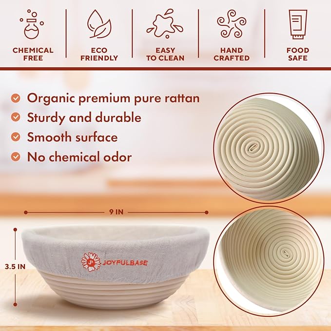 JOYFULBASE Banneton Bread Proofing Basket Set of 2 Sourdough Starter Kit with 9- Inch Round Baskets Fermentation Proofing Bowls Artisan Sourdough Bread Baking Supplies with Tools Liners and Linen Bag