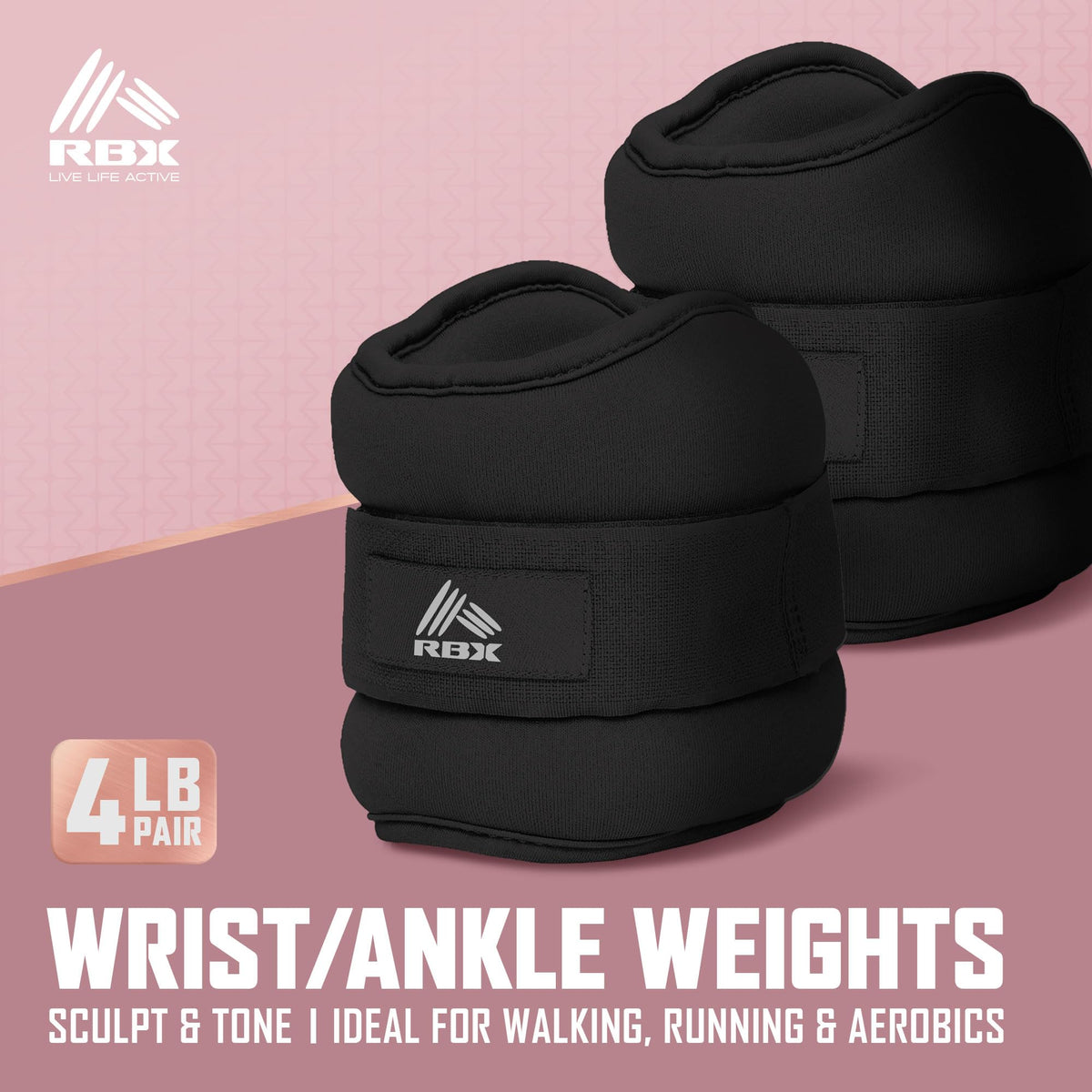 RBX Wrist & Ankle Weights Set, Adjustable Comfort Fit for Training & Toning (Black, 4lb (2lb Each))