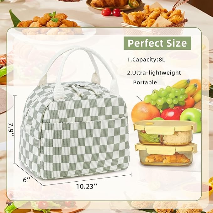 LEDAOU Lunch Box for Women Insulated Lunch Bag Corduroy Lunch Tote Bags Leakproof Cooler Lunch Case for Travel Work Picnic (Checked)