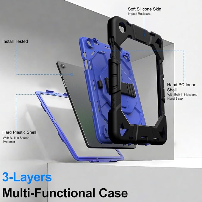Heavy Duty Shockproof Case for Samsung Galaxy Tab A9+ Plus 11 2023 (SM-X210/X216/X218) [Dual Front Frame] with/No Screen Protector 360 Rotating Stand Hand &amp Shoulder Strap (Black/Black)