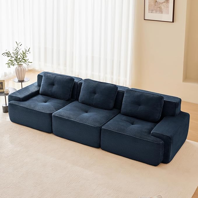 115" Modern Corduroy Cloud Sofa, Boneless Modular Large Sectional Couches for Living Room, Blue 3 Seater Compressed Memory Foam Couch, Extra Deep Seat, No Assembly