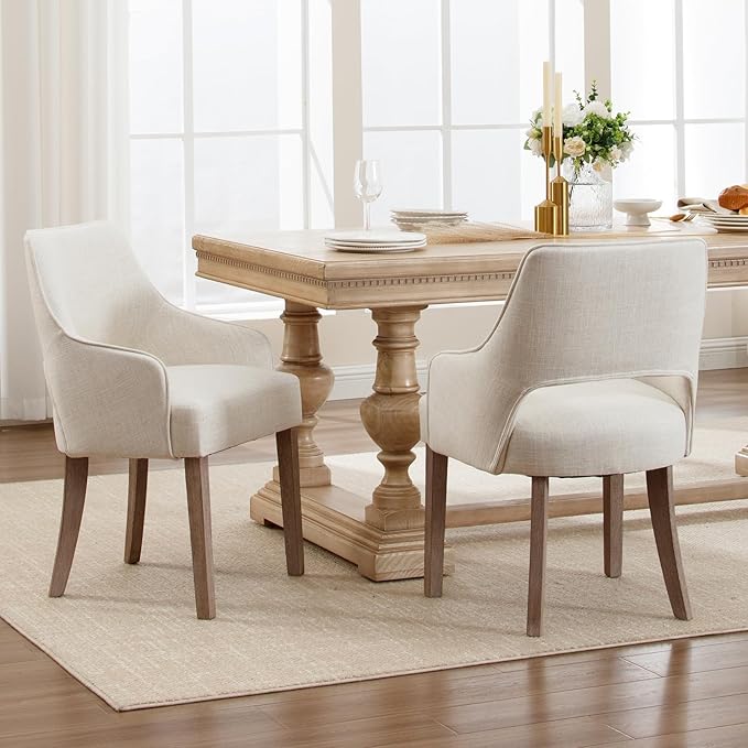 Farmhouse Dining Chairs Set of 2 Linen Kitchen Chairs with Arm Upholstered Accent Side Chair w/Wood Legs for Living Room/Dining Room/Bedroom/Restaurant, Upgraded Size, Cream