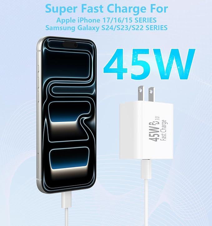 45W USB C Super Fast Charger Block 2Pcak with 6FT Long USB C Charging Cable | PD 3.0 Wall Charger Block with 6Ft USB C Cable Super Fast Charging for iPhone 17/16/15/Air GalaxyiPad Pro