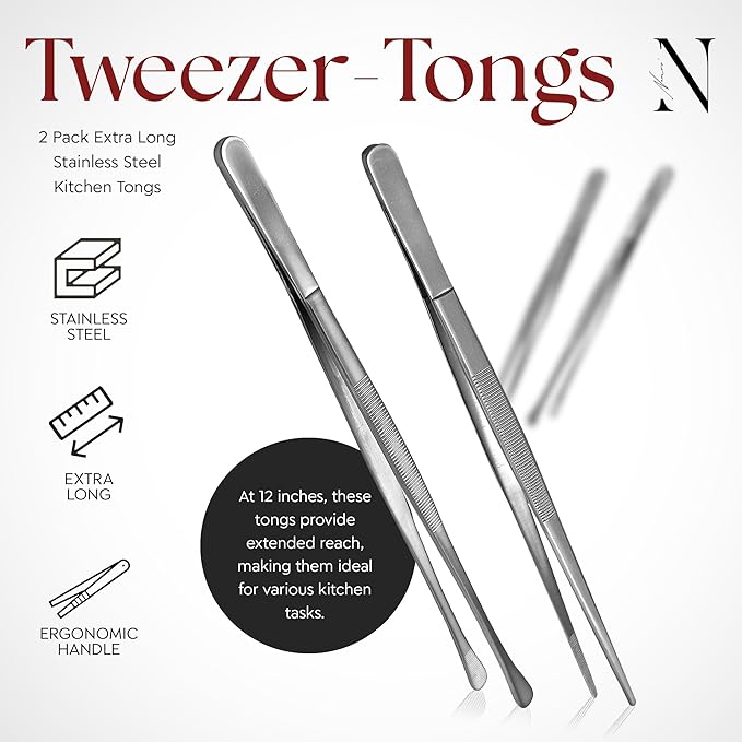 Namre Cooking Tweezer Chopstick Tongs, 2-Pack Stainless Steel, Silver