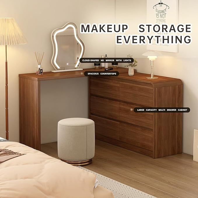 Makeup Vanity Desk with Cloud HD Mirror and Lights, 50-94in Extendable Modern Vanity Table Set with Chair, 6-Drawer Storage Cabinet with Rounded Corners, Dressing Table for Bedroom, Brown