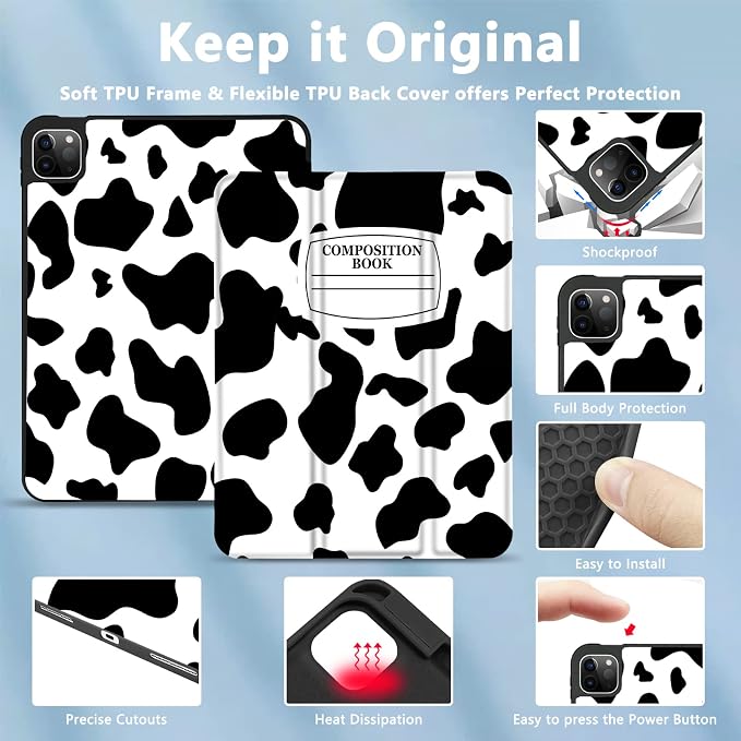 for iPad Pro 11 Inch Case 2022(4th Gen)/2021(3rd Gen)/2020(2nd Gen) with Pencil Holder TPU Shockproof Frame and Protective Leather Cover [Auto Sleep/Wake] Black Cow