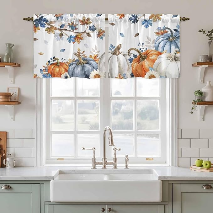 Navy Blue Pumpkin Fall Kitchen Tier Curtains 36 Inch Long 2 Panel Set, Rod