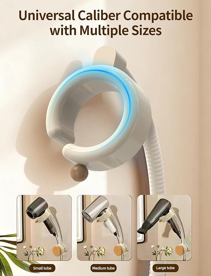 Hands Free Hair Dryer Holder Wall Mounted with Suction Cup, No Drill Installation for Damage-Free Walls, 360° Adjustable Blow Dryer Holder Fits Most Hair Dryers for Bathroom Organization 1Pack(Cream)