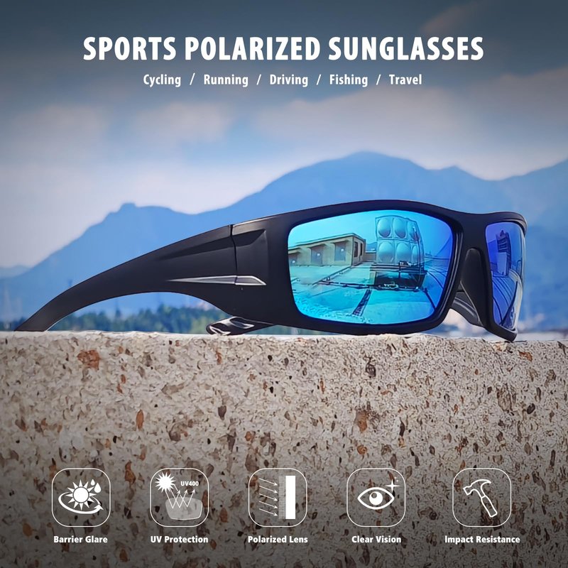 Ofwin Polarized Sports Sunglasses for Men Women Unbreakable Frame Cycling Fishing Wrap Around Sunglasses UV400 Protection Gray Silver Frame/Green Mirror Lens