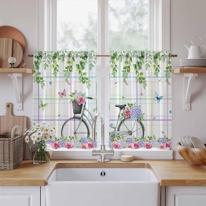 Spring Kitchen Curtains, Bicycles Botanical Leaves Rose Colorful Stripes Light