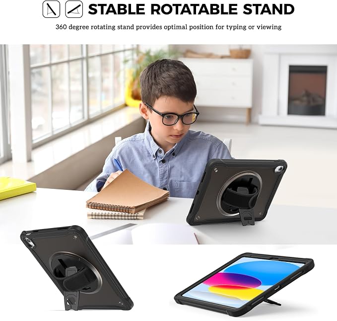 ProCase Rugged Case for iPad A16 11th Gen 2025/iPad 10th Gen 2022 -Black | Heavy Duty Shockproof Rugged Kids Cover with Hand Strap 360 Degree Rotatable Kickstand Protective for iPad 11/10