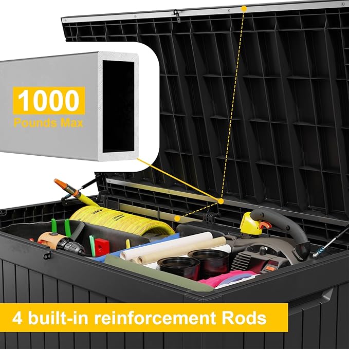 Vixzen 230 Gallon Resin Deck Box, Lockable Outdoor Storage Box for Patio Cushions Storage Furniture,Garden Tools, Pool Supplies, Weatherproof and UV Resistant- Black