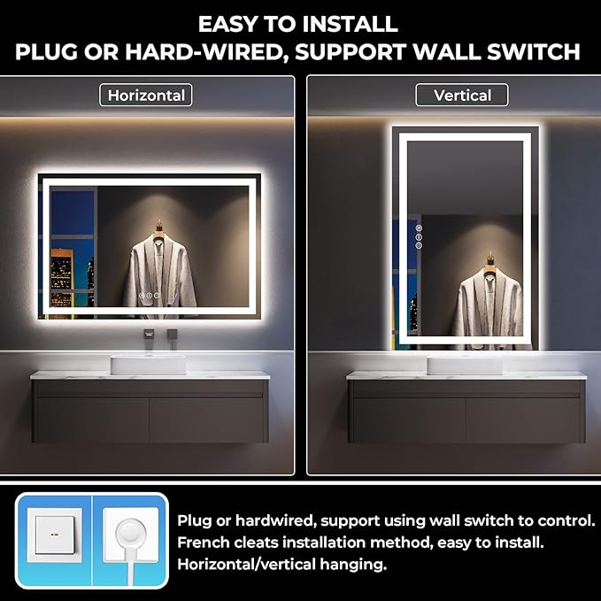 YEELAIT 55x36 Inch LED Bathroom Mirror with Lights Front and Backlit Lighted Vanity Mirror for Bathroom Wall with 3 Colors Dimmable Anti-Fog Memory Shatter-Proof IP54 Waterproof Horizontal/Vertical