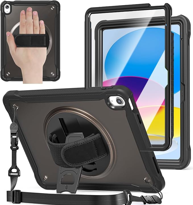 ZenRich Shockproof Case for iPad (A16) 11th/10th Generation Black | Pencil Holder 360° Rotating Kickstand Hand Strap Adjustable Carrying Strap Heavy Duty Rugged