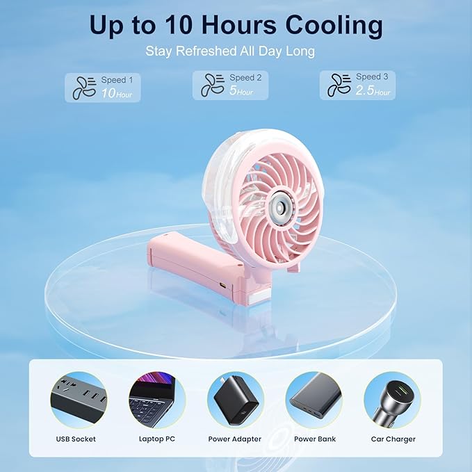 HandFan Upgraded Portable Handheld Misting Fan, Rechargeable Personal Mister Fan, Spray Water Mist Fans, Foldable Electric Mini Cooling Hand Fans for Summer Beach Travel Concerts Disney(Pink)