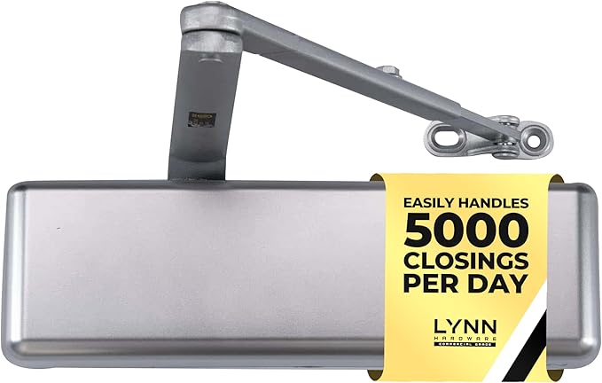 LYNN HARDWARE Extra Heavy Duty Automatic Door Closer (Silver) - Commercial Grade, Contractors Choice, Adjustable Speed, Delayed Closing Timer, 3 Mounting Options, 3 Hour Fire Rated (DC9016 Model)