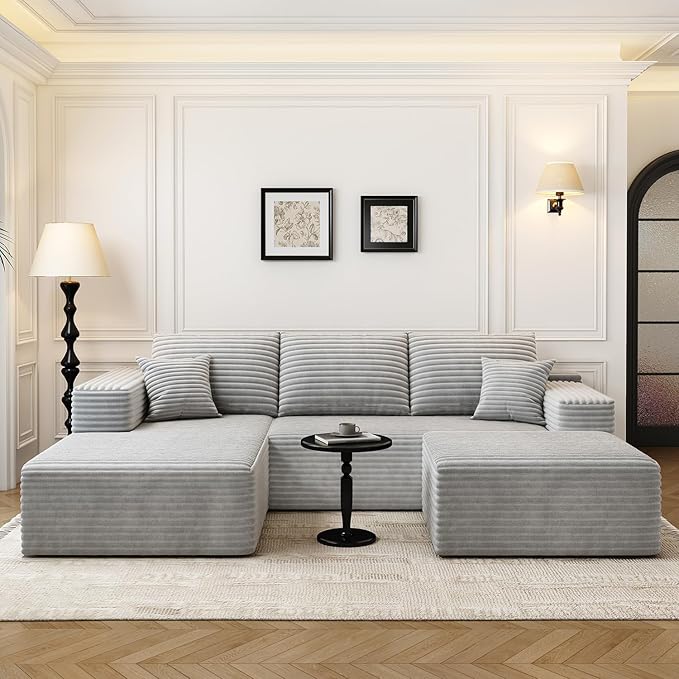 107.5" Cloud Modular Sectional Couch with 1 Ottoman,Modern Minimalist Upholstered Couches, Comfort U Shaped Sofa for Living Room,Deep Seat Corner Couch，No Assembly Required (Grey,Left Facing Chaise)