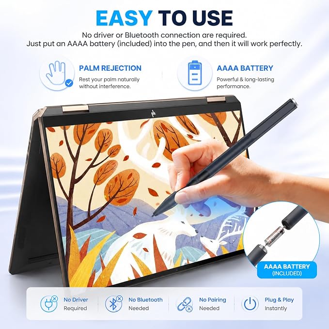 Stylus Pen for HP Omnibook X Flip Rechargeable MPP 2.0 with 4096 Pressure | Digital Stylus Pen for HP Envy/Pavilion/Spectre x360 – Tilt Support Palm Rejection Fast Charge Ideal for Drawing &amp N