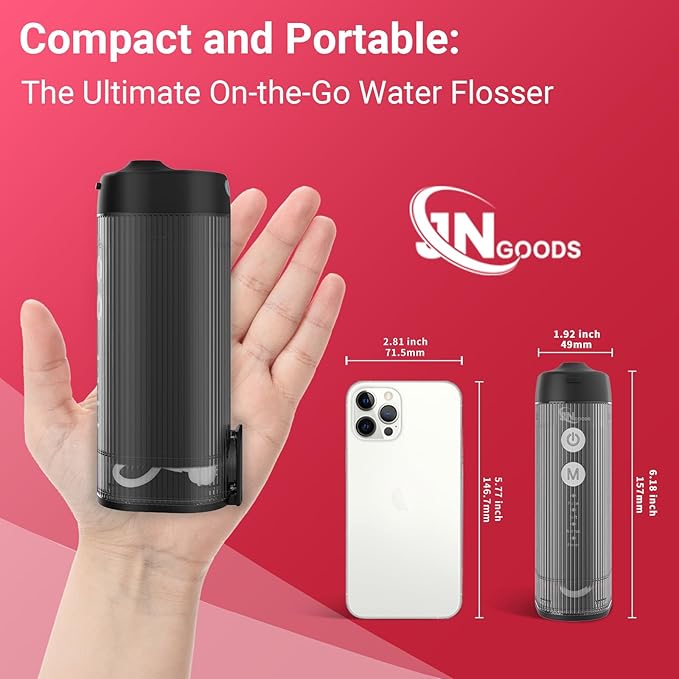 JNGOODS Mini Portable Water Flosser Oral Irrigator Water Teeth Cleaner Pick, Telescopic Water Tank, 4 Modes & IPX7 Waterproof, Home & Travel Water Flossers for Teeth, Braces Bridges Care. (Black)