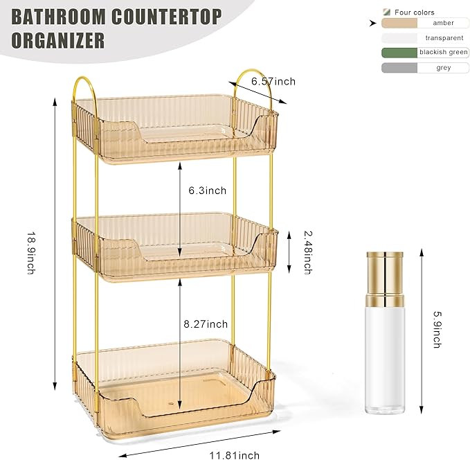 Bathroom Counter Organizer Countertop Storage Skincare Countertop Makeup Organizer Cosmetics Skincare Organizers Holder for Perfume-Amber-Golden Pole-3 Tier