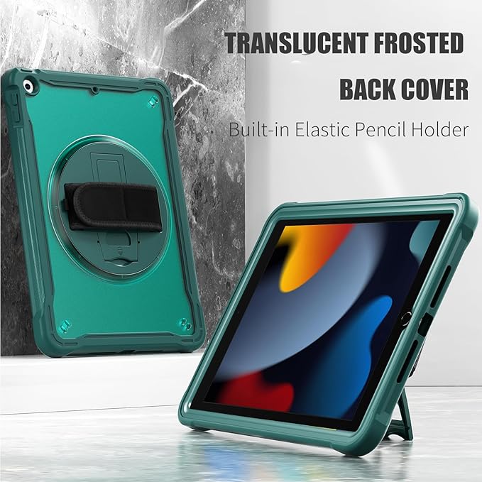 ZenRich Clear Case for iPad 9th/8th/7th Generation 10.2 inch 2021/2020/2019, Shockproof Slim Hard Case with Pencil Holder/360°Rotating Kickstand/Handle/Carrying Strap, MidnightGreen