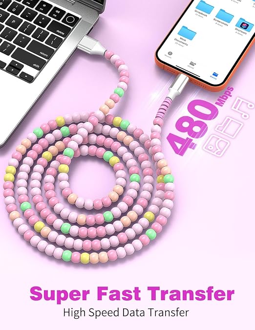 Jelanry 3FT USB-A to USB-C Fast Charging Cable Beaded &ampData Sync Women Girl | Cute kawaii beaded cable for iPhone 17/16/15 Samsung S26/S25/S24 Pixel iPad Fast charge for daily use office &amp tra