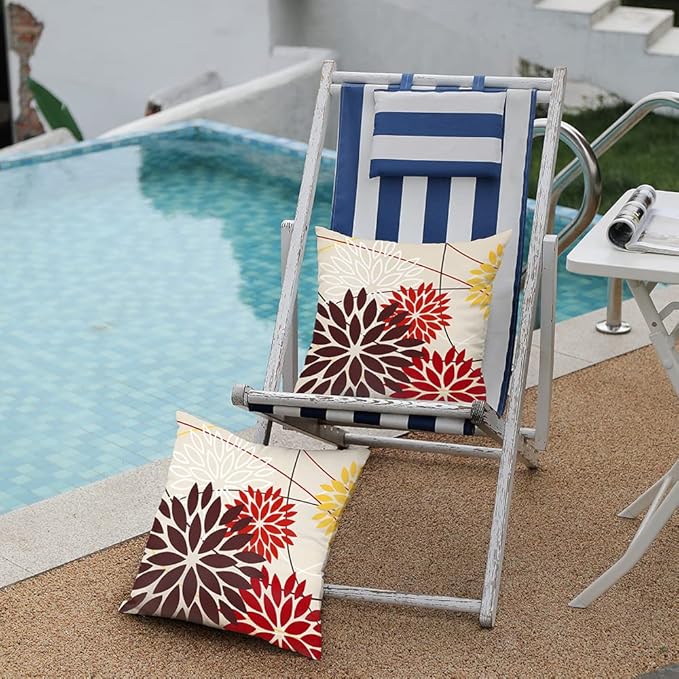 Red Brown Outdoor Pillow Cover 16X16 Inch Set of 2 Outdoor Waterproof Fall Floral Brown Decorative Pillowcase Decor for Couch Patio Funiture Garden Print Polyester Cushion Cover 01K16