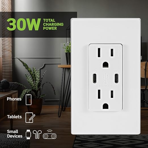 Leviton 30W (6A) USB Dual Type-C/C Power Delivery In-Wall Charger with 15A Tamper-Resistant Outlet USB Charger for Smartphones Tablets Laptops T5635-E Black