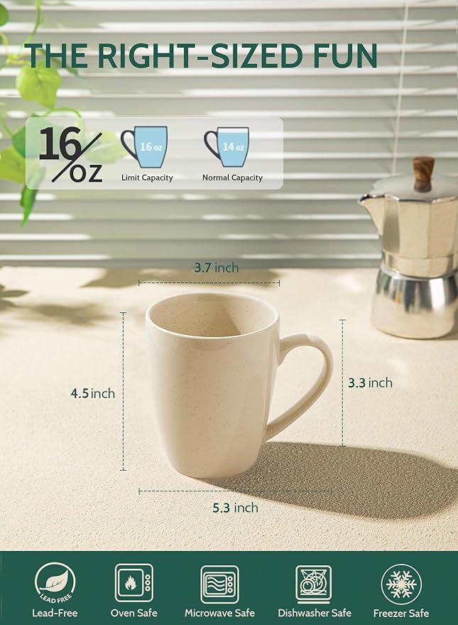 Sweese Porcelain Coffee Mugs - 16 Ounce (Top to the Rim) for Coffee, Tea, Cocoa, Set of 4, Beige