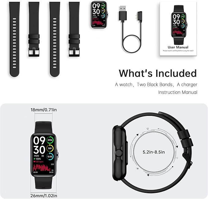 JYUAJOI Fitness Tracker with 24/7 Continuous Heart Rate, Blood Oxygen Monitor, Smart Watch with Sleep Monitor, IP68 Waterproof Activity Tracker Step Counter for Women Men (Black)