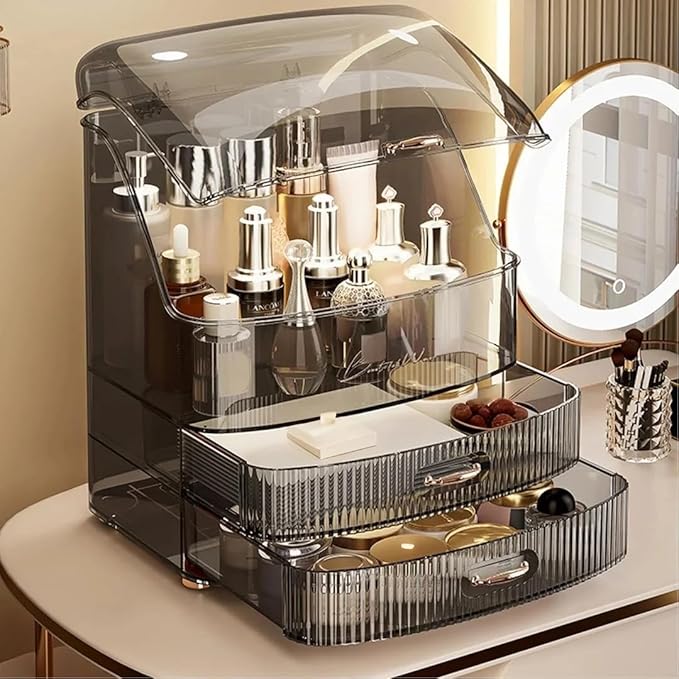 Clear Makeup Organizer Countertop with Drawers and Lid, Dustproof Organizers and Storage for Bathroom Vanity, Ideal for Cosmetic, Beauty Supplies -Black