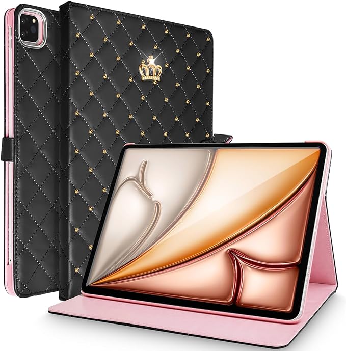 for iPad Air 13 Inch M4/M3/M2 (2026/2025/2024) Smart Case Auto Wake/Sleep Shockproof PU Leather Girls Woman Flip Magnetic Cute Crown Diamonds Kickstand Folio Cover for iPad Air 13 Black