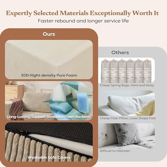 Loveseat Sofa, Cloud Modular Sofa Couch, Upholstered Floor Sofa with Deep Seat, Upholstered Foam Couch for Bedroom Living Room, No Assembly Required (Corduroy Fabric, Beige)