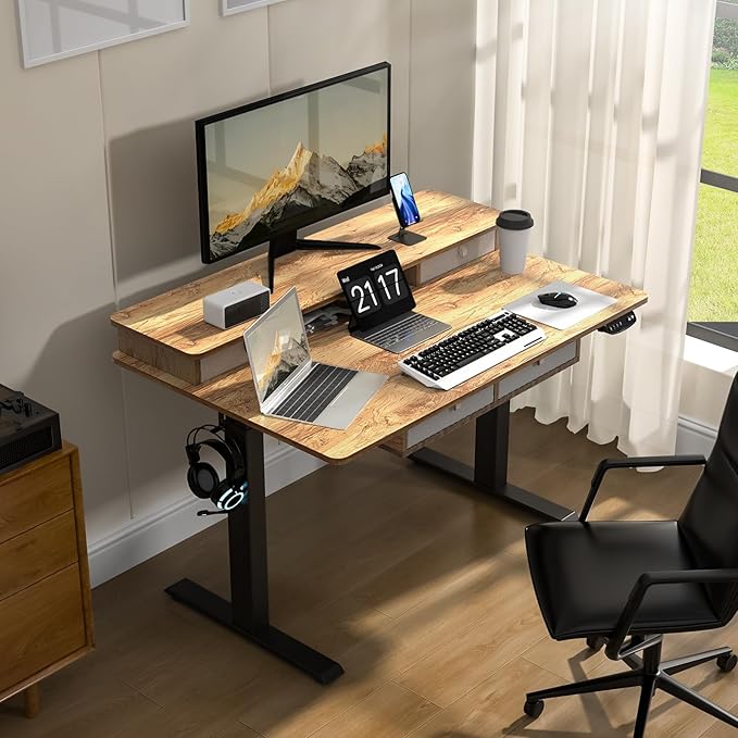 48 * 30 Inches Electric Standing Widened Desk Adjustable Height with 4 Drawers, Double Storage Shelves Stand Up Desk, Home Office Workstation Sit Stand up Desk (Light Rustic Brown)