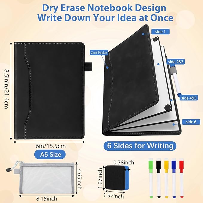 Feifeiya 6 Sides Dry Erase Notebook Portable Whiteboards Notebook 9"x6"(a5) Small Reusable Whiteboard Notepad Foldable Anti-ghosting Surface, Travel White Board for Office Study Meeting Planning